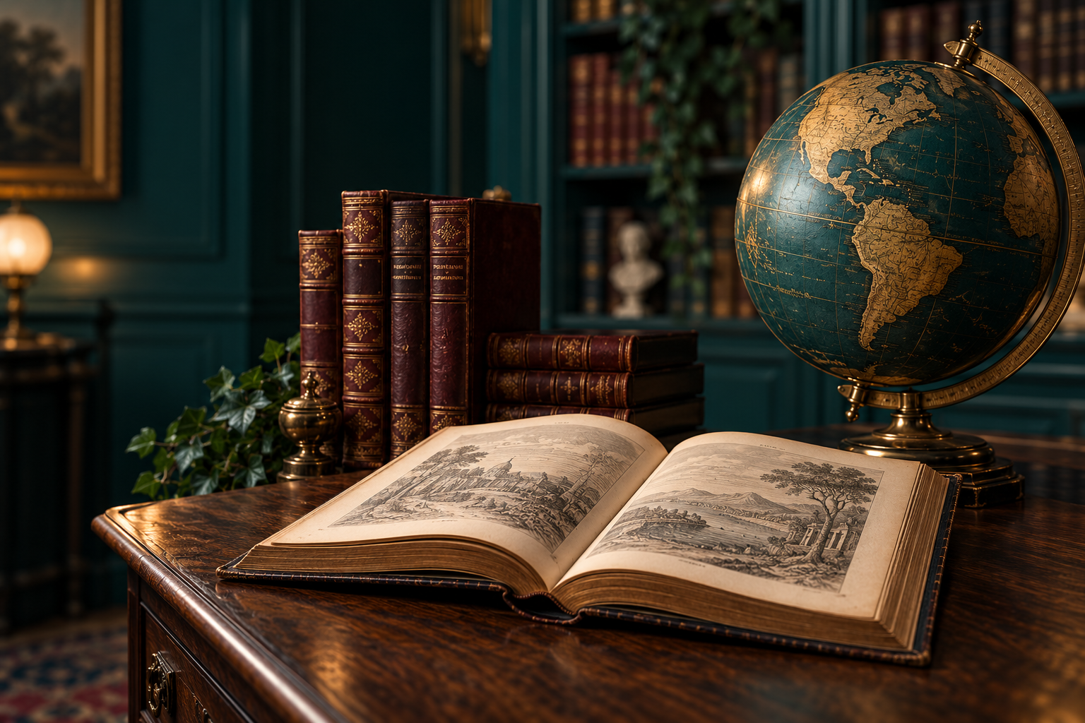 An open book and a gold and teal globe in a scholarly library